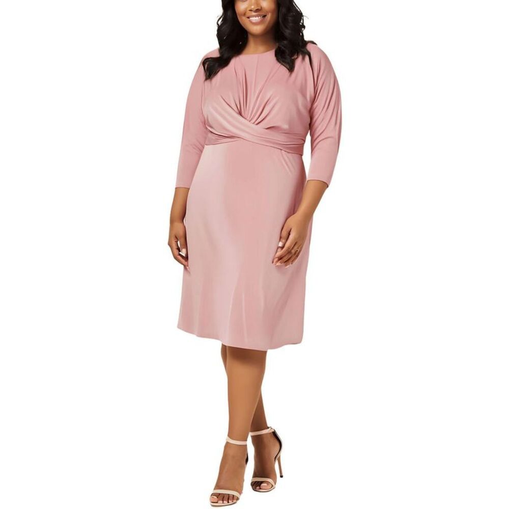 London Times Womens Pink Ruched Short Party Midi Dress Plus NWT